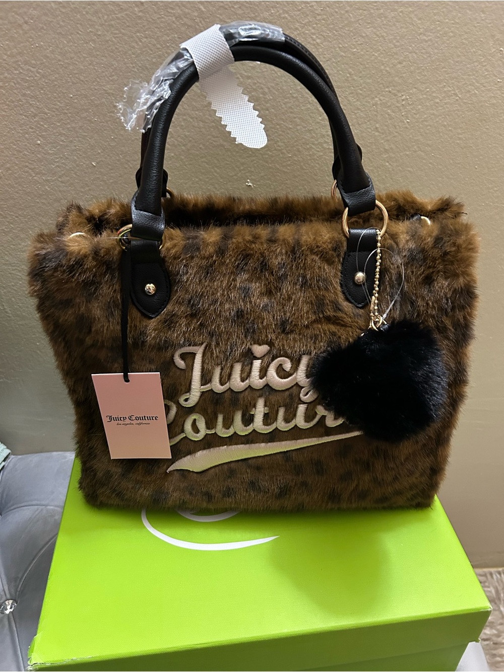 Juicy Couture Brown Faux Fur Tote with Black Handles and Pom